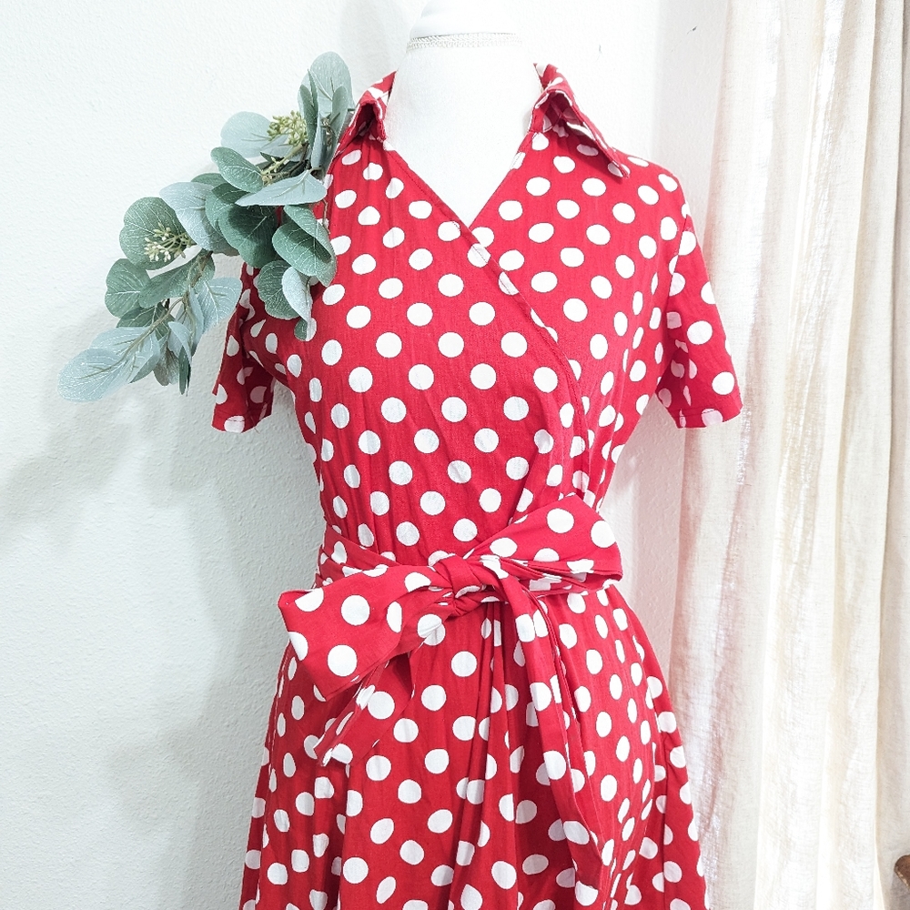 Vintage Pinup Inspired Red Polka Dot Fit Flare Midi A Line Dress